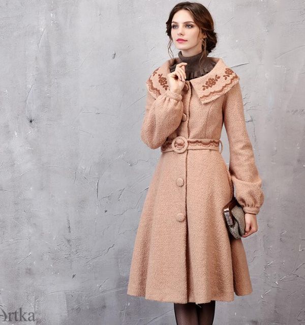 Embroidery A-Line Coat With Belt