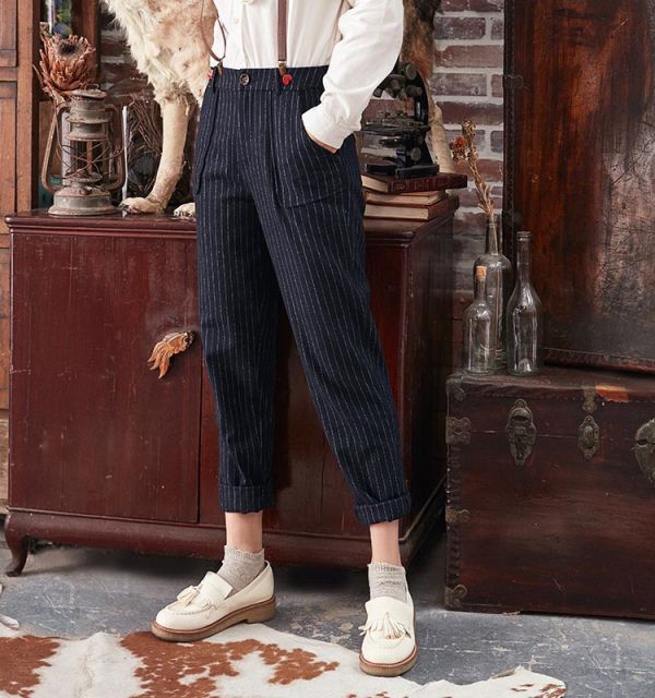 Striped Straight Fit Woolen Trousers