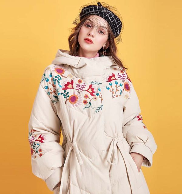 Flower Embroidery Hooded Long Puffer Jacket