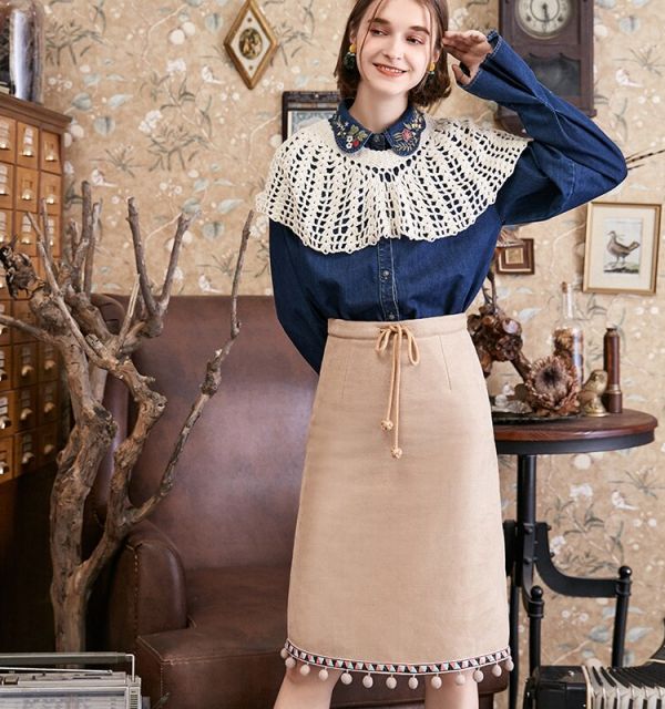 Pompom Hem Suede Pencil Skirt