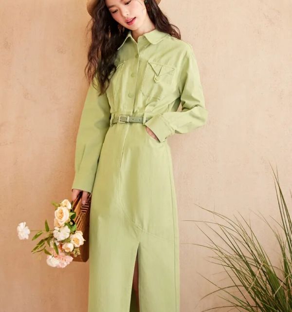 Green Side Split Long Shirt Dress With Belt