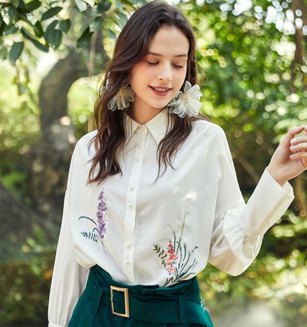 Floral Embroidery Drop Shoulder White Chiffon Blouse