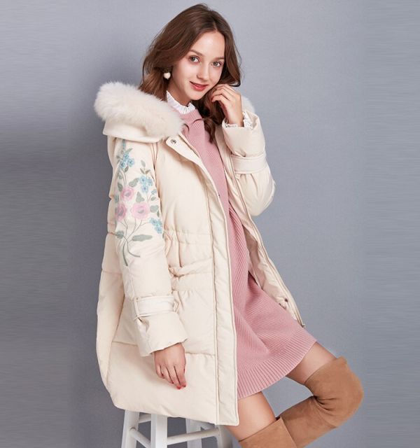 Flower Embroidery Faux Fur Collar Puffer Jacket