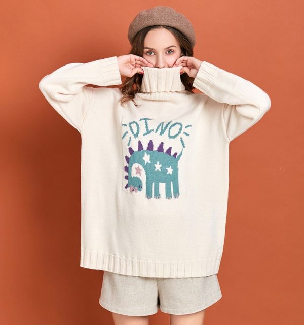 Cartoon Embroidery Loose Fit Turtleneck