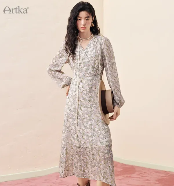 Chiffon Floral Print Lace-up Midi Dress