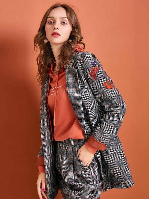 Notched Collar Embroidered Plaid Blazer & Pants Set