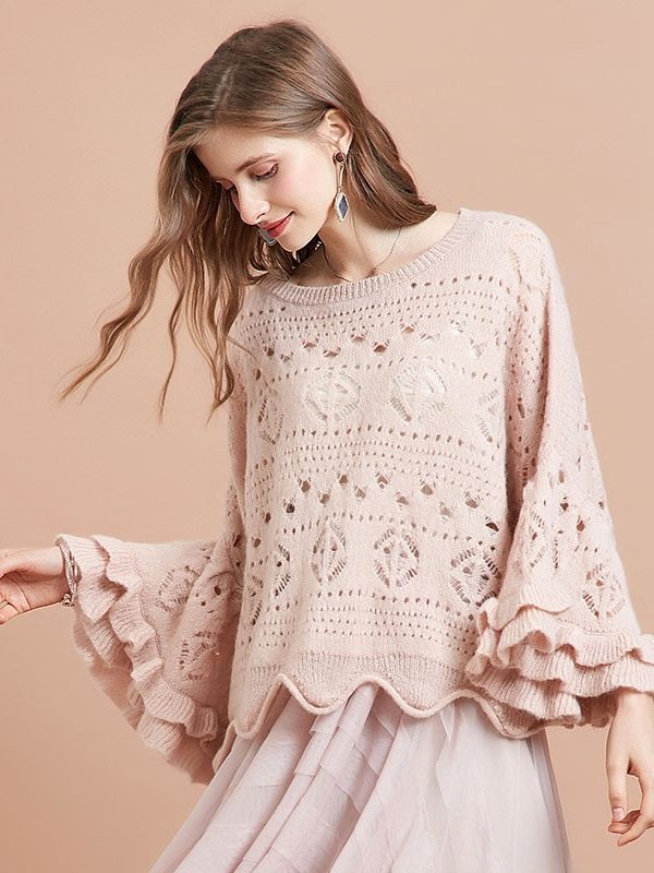 Layered Bell Sleeve Hollowout Knitted Pullover