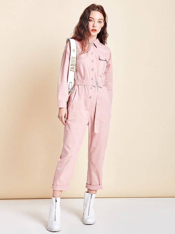 New High Waist Cotton Jumpsuit With Belt