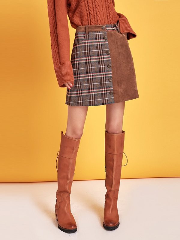 High Waist Plaid & Suede Mini Skirt