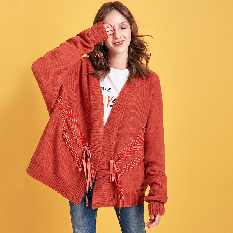 Cable Knit Ribbon Tie Up Cardigan (Orange One Size) - Artka Official