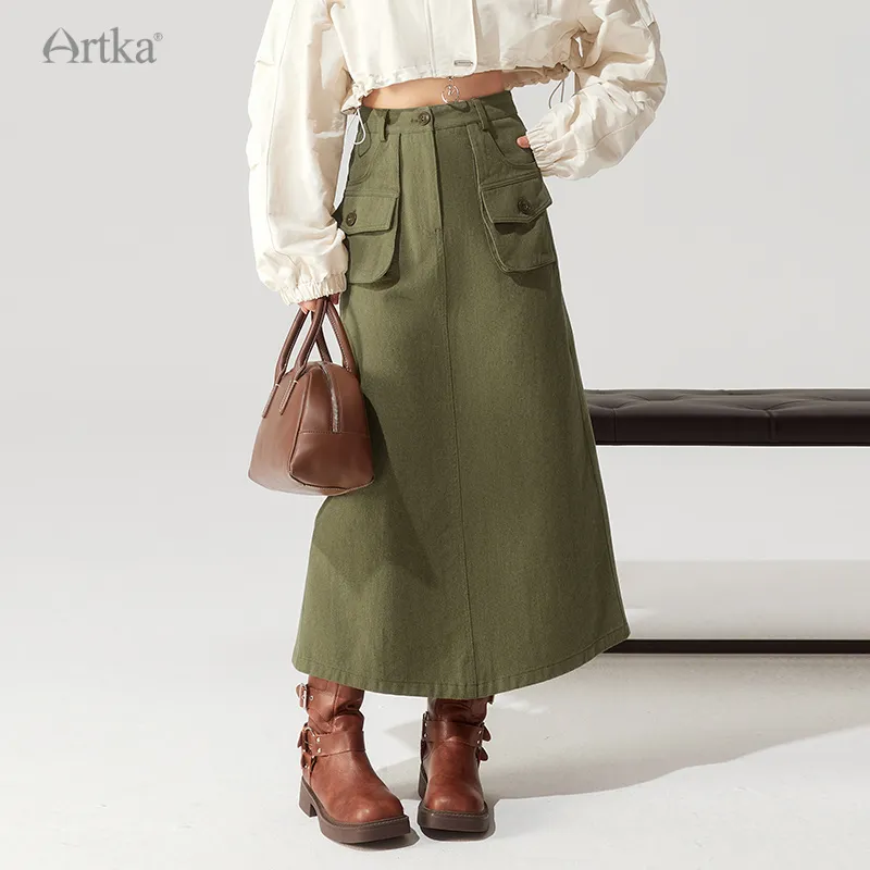Safari Style Army Green Skirt With Pockets Artka Official