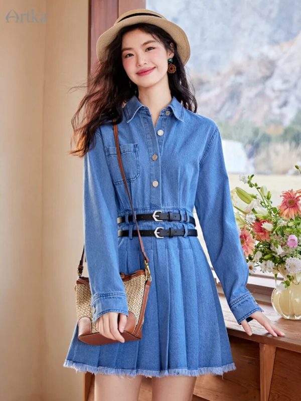 Denim Pleated Shirt Dress With Belt