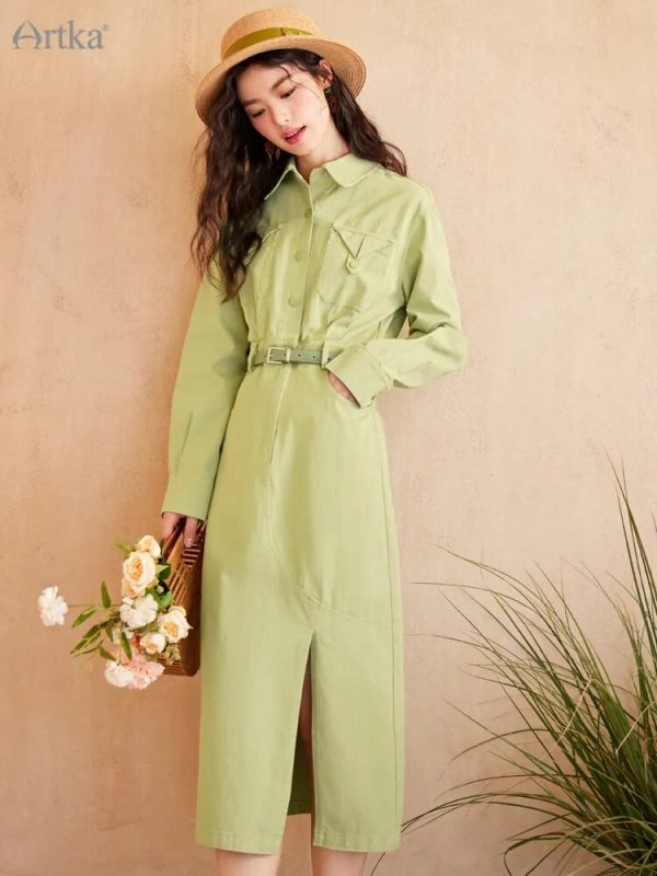 Green Side Split Long Shirt Dress With Belt