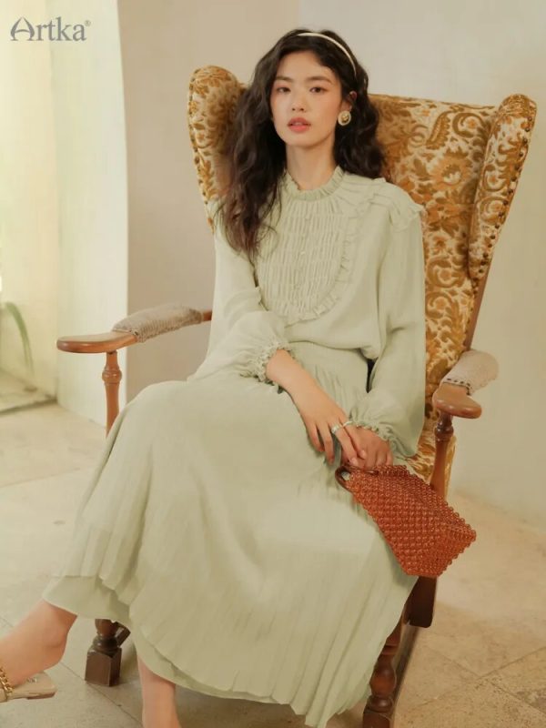 Pleated Skirt Dress With Ruffle Puff Sleeve