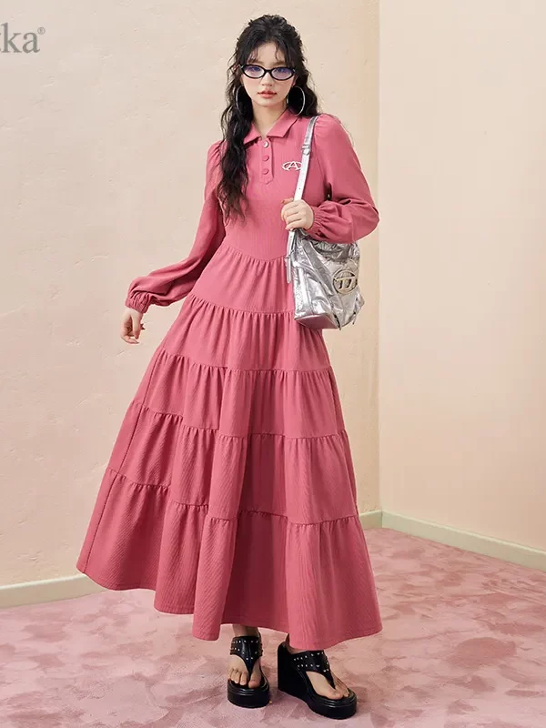 Polo Neck Long Puff Sleeves Cake Dress