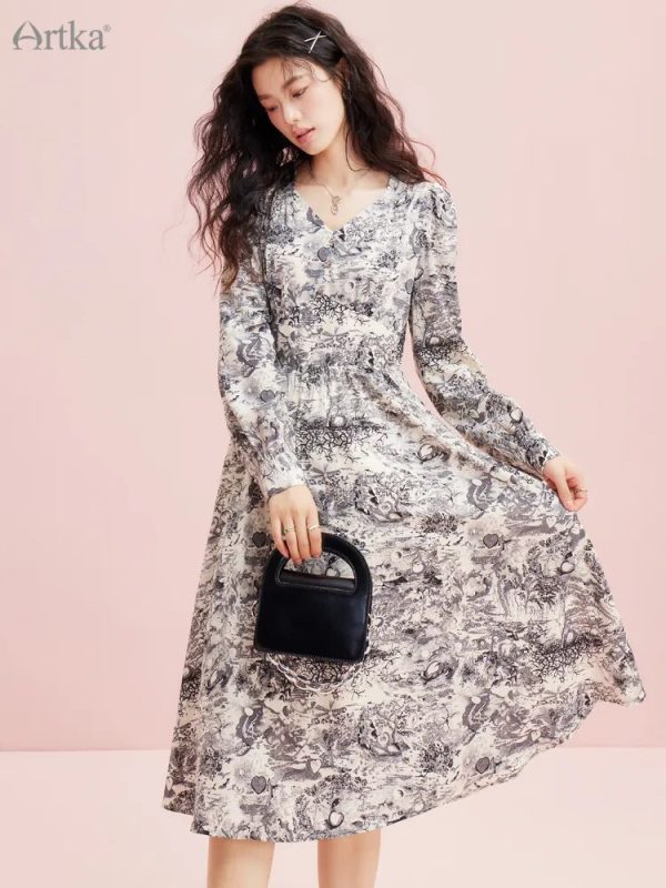 A-line Printed Chiffon Dress