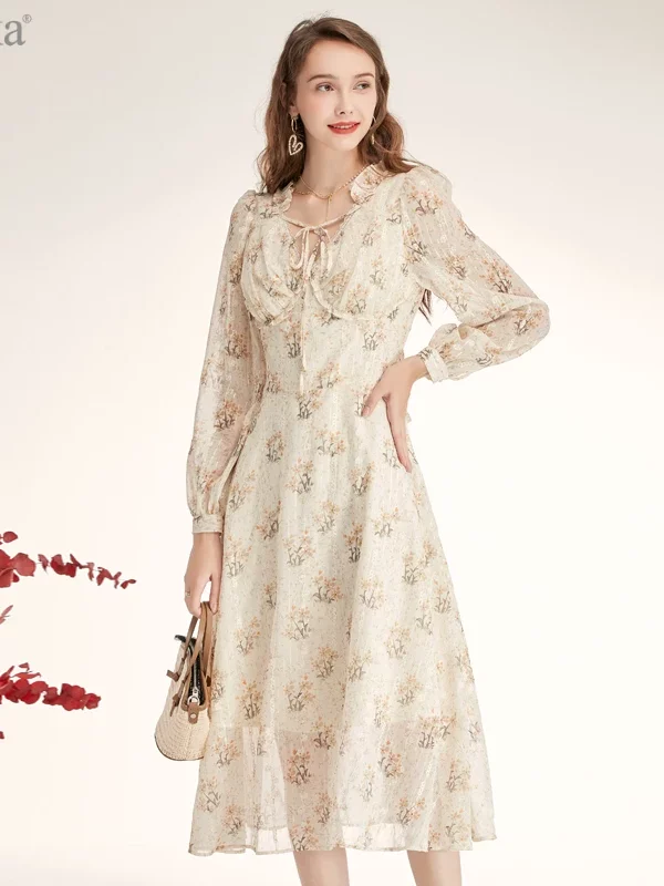 Lace Ruffle V-Neck Chiffon Dress