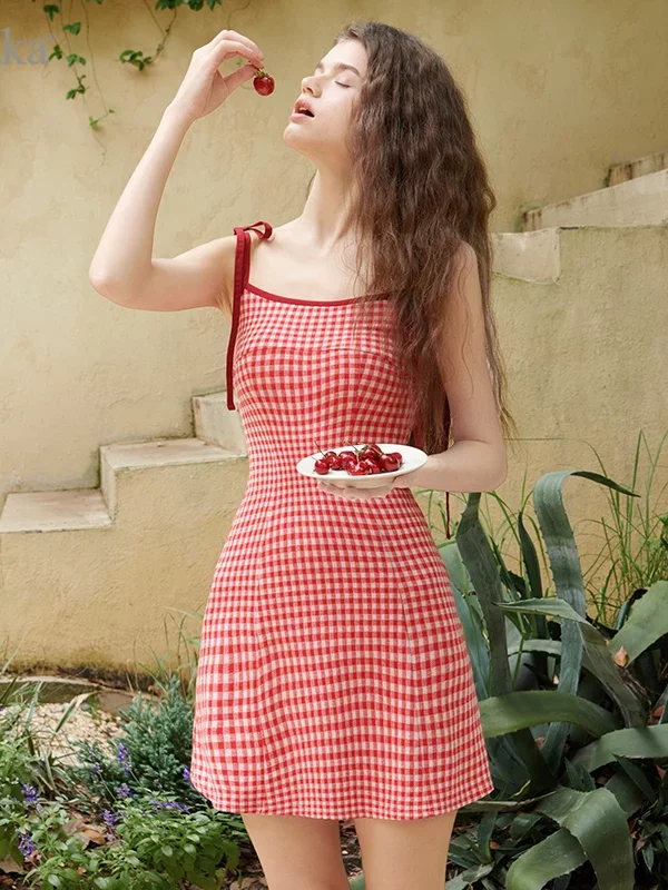Vintage Plaid Summer Dress – High Waist, Spaghetti Strap