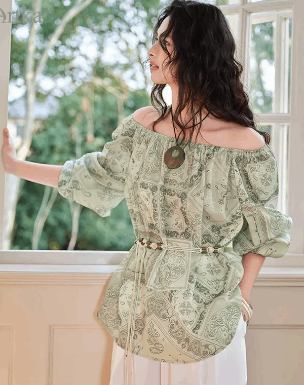 Loose Off-the-shoulder Printed Shirt With Belt