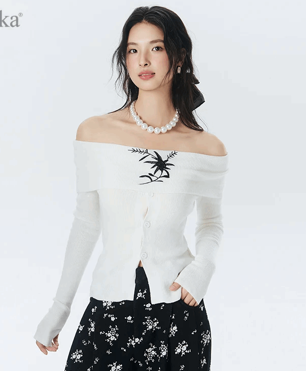 Elegant Off-the-shoulder Long Sleeve Embroidery Knitwear