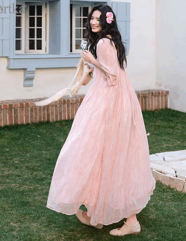Romantic Pink Floral Printed Lantern Sleeves Dress