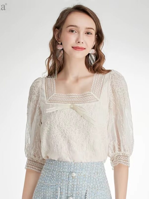 Elegant Lace Bow Chiffon Shirt with Half Puff Sleeves