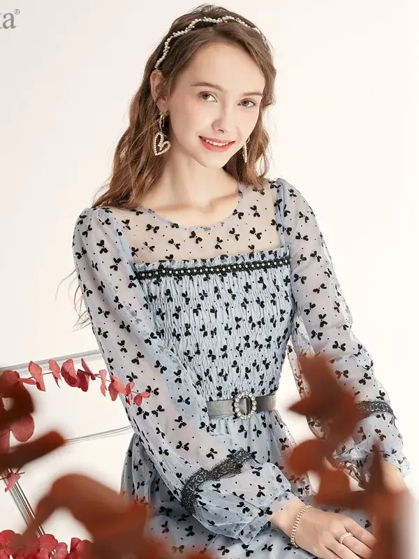 Flocked Bow Mesh Sleeve Belted Midi Dress