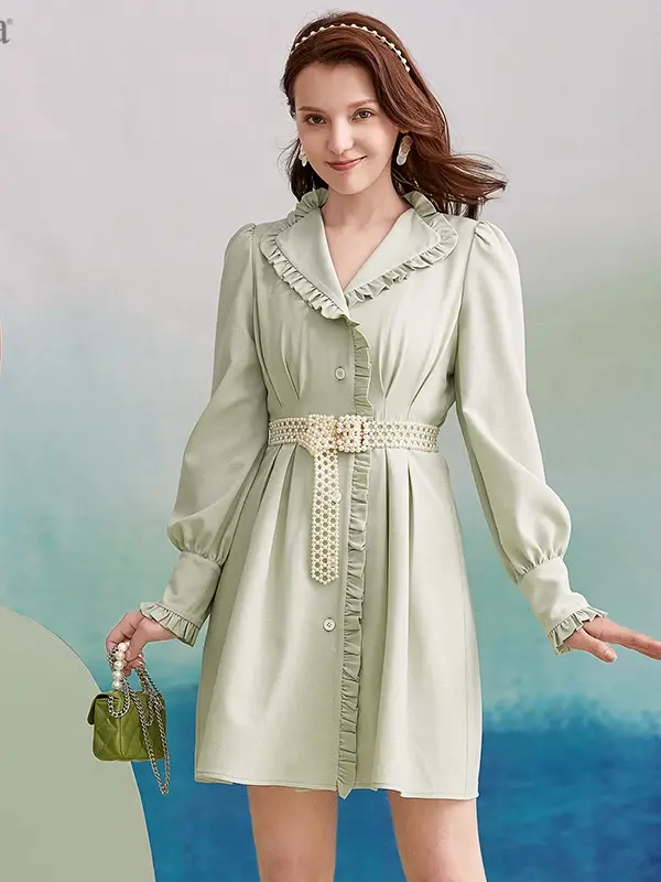 V-Neck Ruffle Trim Belted Dress