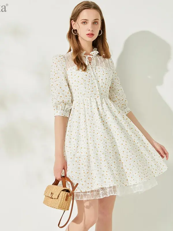 Floral Lace Yoke Ruffle Dress