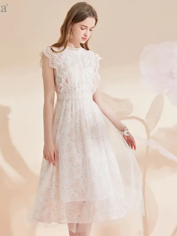 Lace Bodice Flutter Sleeve Midi Dress
