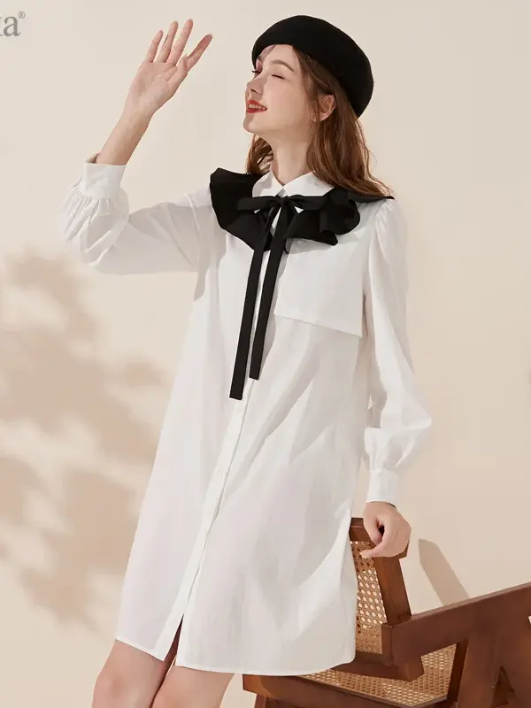 Ruffle Collar Bow Tie Shirt Dress
