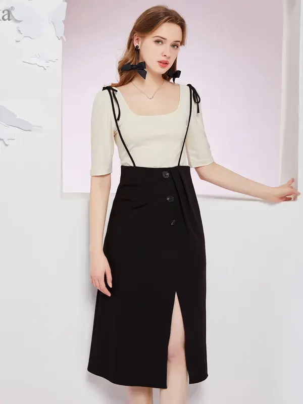 Asymmetric Contrast Tie Strap Midi Dress