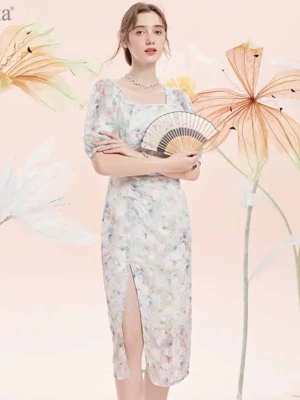 Floral Square Neck Side Slit Midi Dress