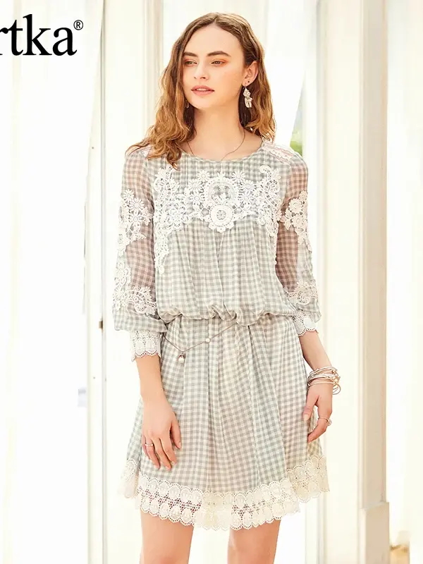 Lace Appliqué Plaid Mini Dress