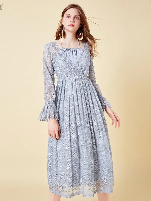Floral Lace V-Neck Midi Dress