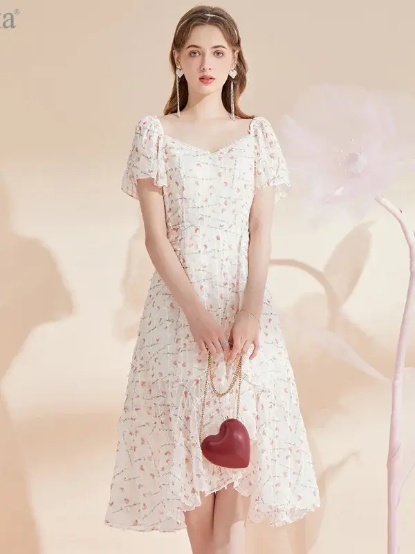 Floral Square Neck Flutter Sleeve Midi Dress