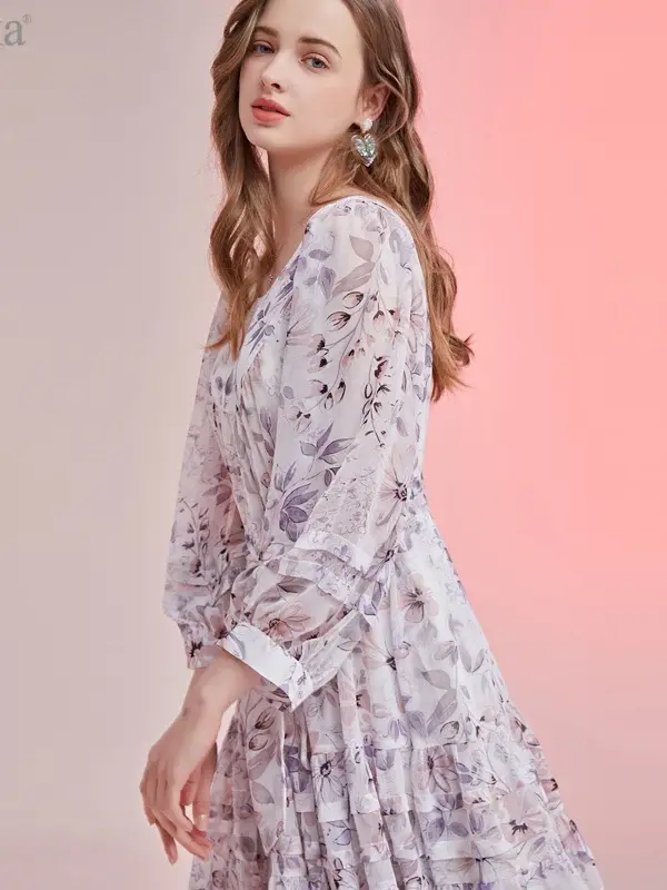 Floral Chiffon Long Sleeve Tiered Dress