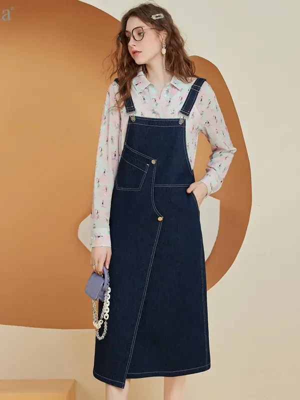 Asymmetric Denim Pinafore Midi Dress
