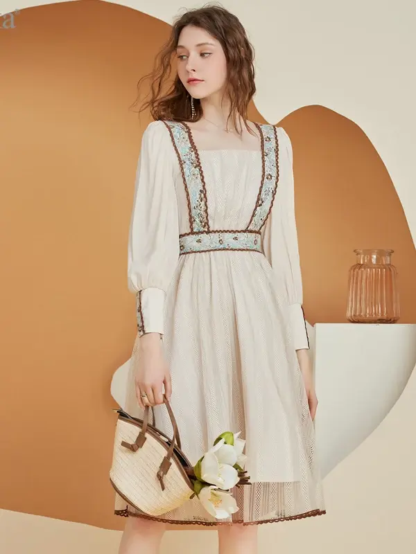 Embroidered Trim Square Neck Midi Dress