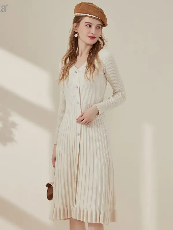 Pleated V-Neck Knit Midi Dress
