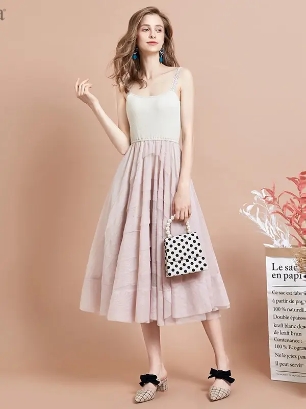 Layered Mesh Spaghetti Strap Midi Dress