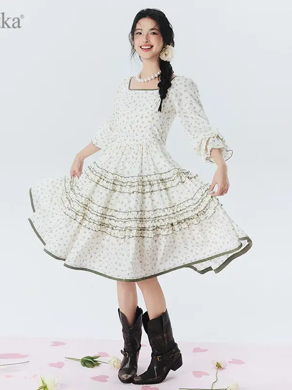 Floral Ruffle Trim Square Neck Midi Dress