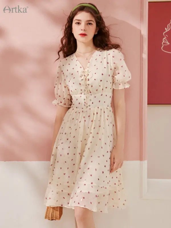 Heart Print Lace-Up Puff Sleeve Midi Dress