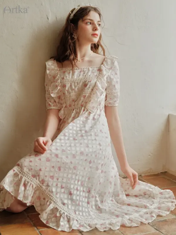 Square Neck Ruffle Trim Printed Midi Dress