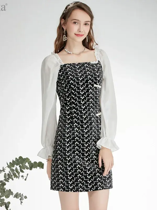 Square Neck Floral Puff Sleeve Mini Dress