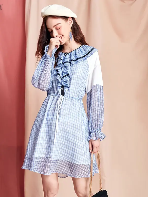 Plaid Sailor Collar Ruffle Chiffon Dress