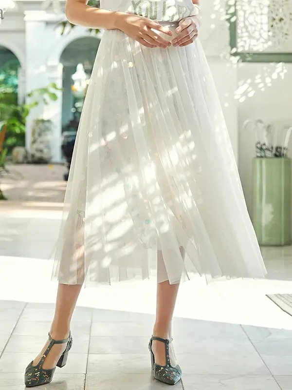 Sequin-Detail Mesh A-Line Skirt
