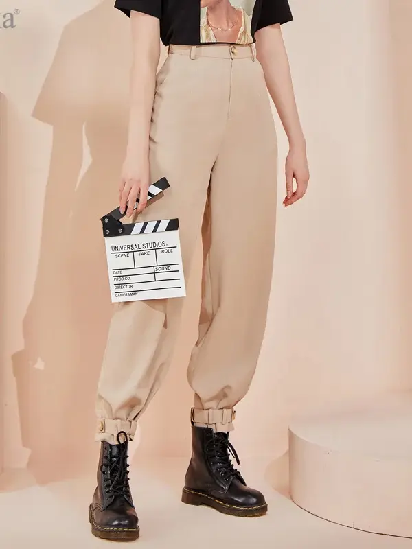 High-Waist Buckled Hem Tapered Trousers