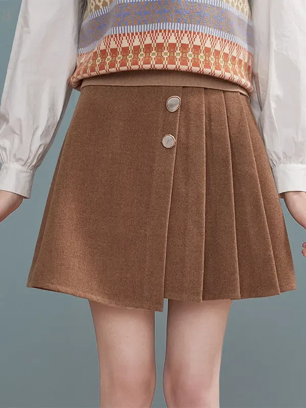 Pleated Button-Detail A-Line Mini Skirt