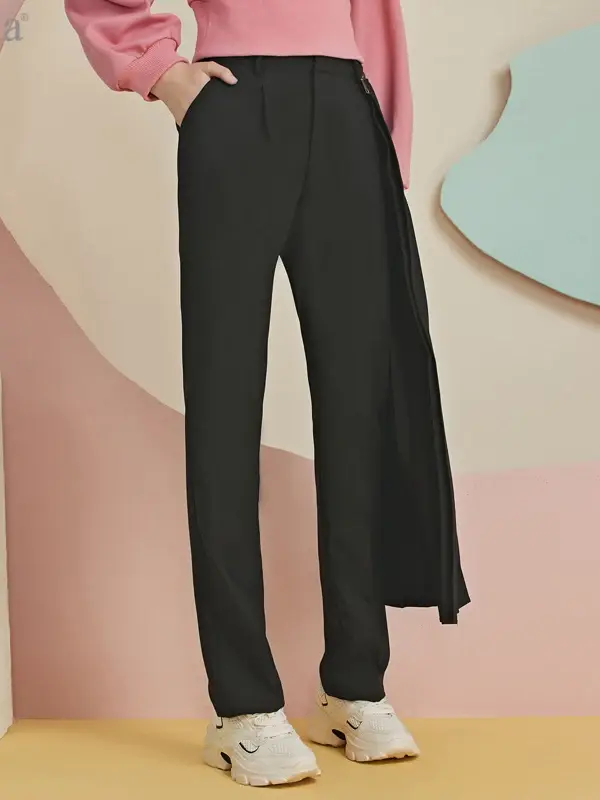 Pleated Overlay High-Waist Straight Trousers
